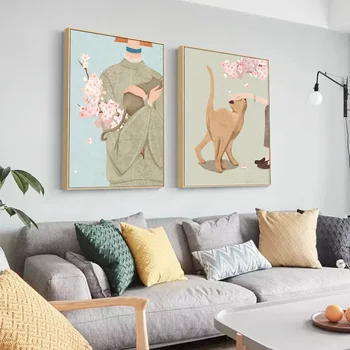 Nordic Fete Leneș Pisici Panza Pictura flori de Cires Postere si Printuri Minimalist Arta de Perete Imaginile Pentru Camera de zi Dormitor