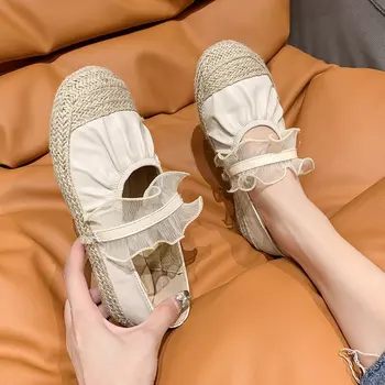 Cânepă capac tricotate toe flats cutat pantofi de balet femei preppy mozaic mocasini dantela elastic balerina espadrile 42