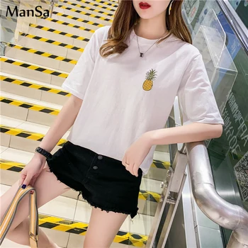 Harajuku Kawaii vrac Femei T Shirt coreean Ulzzang negru topuri Tricou de moda ananas Broderie O-Gat maneci scurte t-shirt
