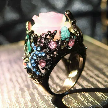 En-Gros Milangirl Moda Vintage Negru Tungsten Inel Bujor Copac Floare De Viță De Vie Șopârlă Rășină Aliaj De Cristal Ring Bijuterii