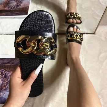 Moda De Vara Pentru Femei Din Piele De Alunecare Deget De La Picior Deschis Lanț De Aur Toc Patrat Respirabil Papuci Sandale În Aer Liber, Tobogane De Pantofi De Plaja