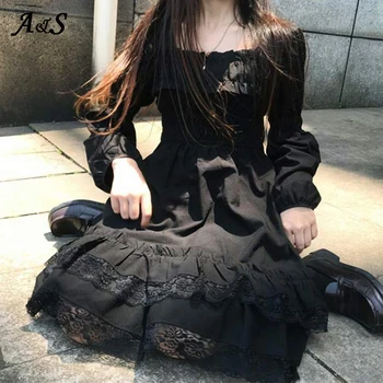 Anbenser Japonez Stil Gotic Lolita Femei Rochie de Prințesă Talie Mare Negru Puff Mâneci LO Rochii Dantela Zburli Partid Rochie Mini