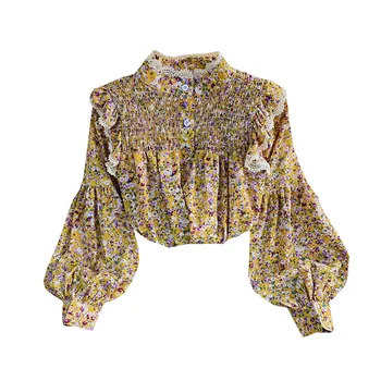 Vintage Model Floral Bluza Femei Stand Guler Stil Liber Dantela Mozaic Volane Mânecă Lungă Lanternă Doamnelor Tricou Topuri T16313A