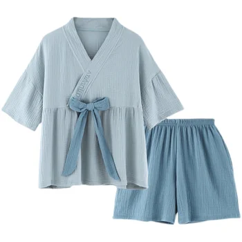 2021 Primăvara și Vara în stil Japonez Kimono din Bumbac Tifon Femei cămașă de noapte din Două piese, Serviciu Acasă Yukata Dantela-up Set Pijama
