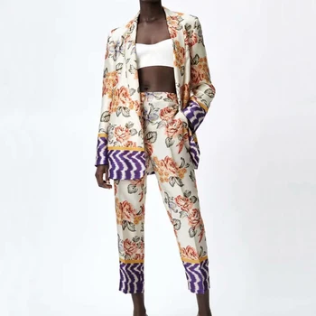 Za Elegant pentru Femei Set Multicolor Print Sacou Pantaloni Set 2021 Costum de Moda High Street 2 Bucata Set Haină și Pantaloni OZZ1111