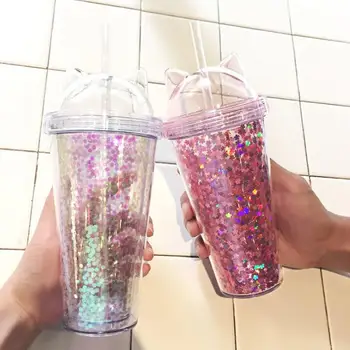 Noua Creatie din Plastic BPA Free Sticla de Apa cu Paie Flash Pisică Ureche Dublu de Băut Sticla Cadou de Craciun pentru Copilul Drinkware