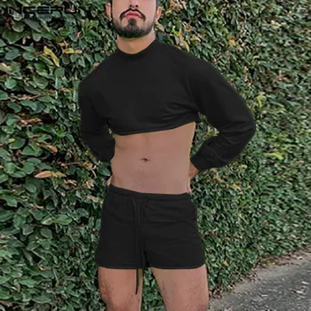 INCERUN 2021 Liber de Vară de Culoare Solidă pentru Bărbați Seturi de Moda cu Maneci Lungi Guler Topuri de Cultură Cordon pantaloni Scurți Om de Sport Costume de 5XL
