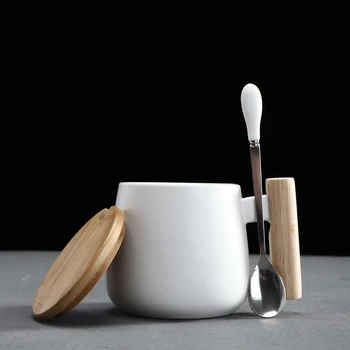 Stil Nordic mâner de lemn Cani Ceramice Cani de Cafea de Mare capacitate cană cu lingură capac cana de cafea ceasca de ceai biroul de acasă drinkware