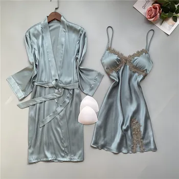 Faux Mătase Pijamale Femei SEXY 2 Bucata SET HALAT Lace Kimono-Halat de baie Rochie de Lenjerie Intima Cu Pad de Primăvară-Vară Noi de îmbrăcăminte de noapte
