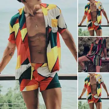 Bărbați Vara Seturi Short Sleeve Cardigan Tricouri Elastic Pantaloni Scurți De Moda Costume De Om Epocă De Imprimare Hawaiian Beach 2 Buc 7