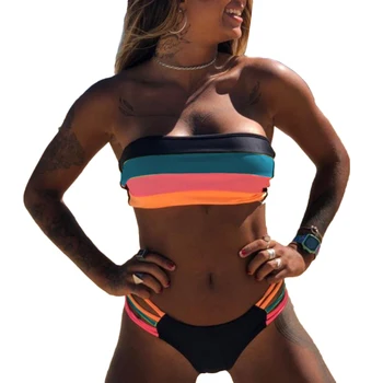 Femei Fără Fir Căptușit Bretele Top Dungi Mozaic Bikini Costume De Baie Set De Sex Feminin Beachwear Înot Bikini Femei