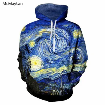 Harajuku Van Gogh Pictura in Ulei Starry Night 3D de Imprimare Jacheta Hanorac Femei/Bărbați Hipster Gotic Pălărie Tricoul 2018 Boy Blue Haine
