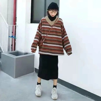Pulovere Femei, Pulovere Supradimensionate Bf Harajuku Streetwear Stripe V-Neck Cuplu Vrac Femei Coreene Chic 2020 Toamna Casual De Zi Cu Zi