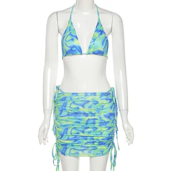 Adogirl Vară Două Bucata Set Femei Culturilor Sus + Ruched Cordon Fusta Mini Set De Moda Haine De Potrivire Beachwear 2021