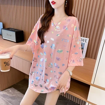 Femei Bumbac Casual de Vara de Design Minoritate All-Meci Stil coreean Mid-Lungime Aurire Colorat cu Mânecă Scurtă T-shirt