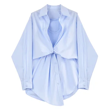 [MEM] Albastru Neregulate Ruched Fals Două Piese Femei Bluza Rever Maneca Lunga Tricou Vrac se Potrivi de Moda Primavara-Vara 2021 1DD8386