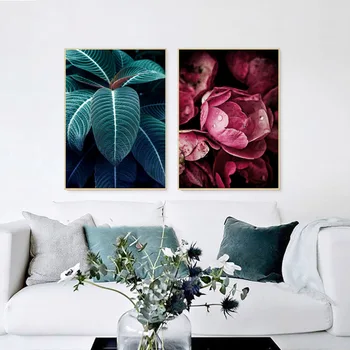 Nordic Panza Pictura Frunze Verzi, Plante cu Flori Roșii de Trandafir Postere si Printuri Moderne Dormitor de Decorare Arta de Perete Tablou Fara Rama