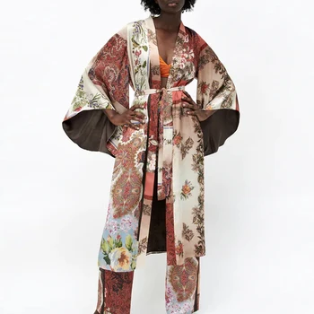 TRAF Za Femei Bluze Mozaic Kimono pentru Femei Bluze de Vară 2021 Plaja Kimono Tunici Femei cu Maneci Lungi Centura Elegant Tricou Lung