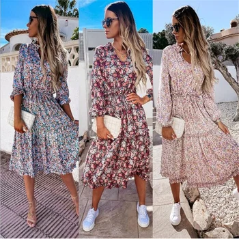 Vintage imprimeu Floral Rochii Maxi Pentru Femei de Vara cu Maneci Lungi Rochie Midi de Primăvară boho rochie lunga Casual Plaja Vestidos 2021