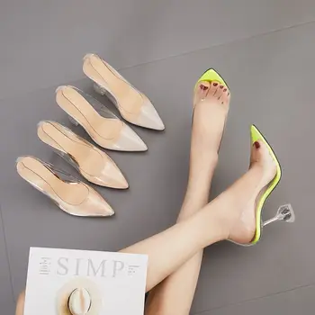 Clar PVC Transparent Pompe de Sandale Ciudat Stil de Plexiglas Toc Punctul Degetele de la picioare de Femei Pantofi de Partid Club de noapte Pompe d98