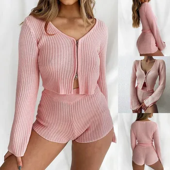 Solid V-neck Set de Pijama Femei, cu Fermoar Maneca Ars Body Set Top + pantaloni Scurți Seturi Casual Pierde Homewear Confort Moale Homesuit