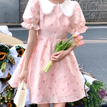 Rochii Femei Roz Dulce Stil Japonez Maneca Scurta Mozaic Minunat de Înaltă talie O-linie Vestdios Fete de Agrement de Vară de sex Feminin Ins