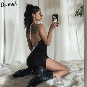 OrangeA de vară 2021 split femei rochie fără mâneci căpăstru solid negru sexy backless lanț de moda streetwear rochii haine slim