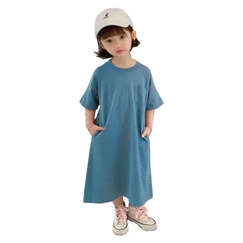 2021 Vara Fata Noi Rochie Lungă, Simplă, Casual Culoare Solidă Pocket T-shirt Fusta Creion Copii cu Maneci Scurte Rochie