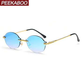 Peekaboo framelesss oval ochelari de soare pentru barbati stil retro verde albastru oglindă fără ramă pahare mici pentru femei pline de culoare uv400 2022