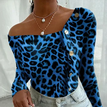 Leopard Imprimate Oblic Guler Bluza Femei cu Maneci Lungi Buton Subțire de sex Feminin Bluze de Primavara Epocă Streetwear Doamna Casual Haine