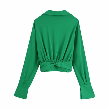 Za Vara Înnodate Bluza Verde Femei V-neck Tricou cu Maneci Lungi, Tiv Spate Cutat Tricou Casual Moda Cardigan de Plaja cu Nisip Tricou