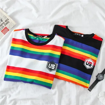 Tricou femei Harajuku kawaii Rainbow Stripe Long Sleeve Top Femei T-shirt de Vară 2021 y2k Directe de Transport maritim Женская футболка