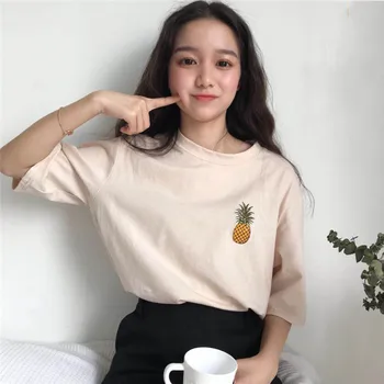 Coreea Moda T-shirt Femei Haine Supradimensionate Ananas Broderie Amuzant Tricouri Maneca Jumătate O-gât Topuri Largi#rm