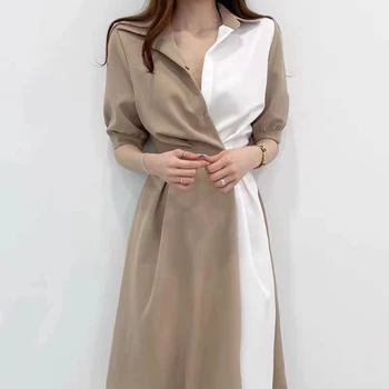 2021 Vara Moda Rochie Midi Rochii Lungi Buton-Up O-linie Coreea Chic Cusaturi de Contrast Talie Maneci Scurte Rochie Nouă 15185