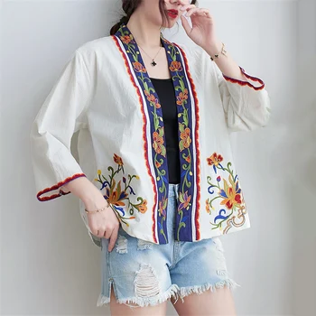 Chineză Stil Vintage Cardigan Chimono Pentru Femei Lenjerie De Pat Din Bumbac Tricou Topuri India Folk Retro Broderii Florale Blusa Feminina 2021