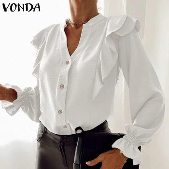 Femei Bluza VONDA Primăvară Maneca Lunga Butonul Până Camasi Elegante, Sexy V Gâtului Cutat Topuri Flare Sleeve Boem Blusas