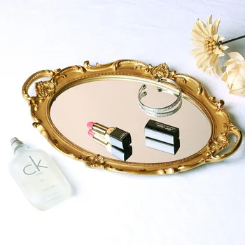 Europene Epocă De Depozitare Tavi Decorative În Relief Aurit De Artizanat Bijuterii Cosmetice Sticla Oglinda Tava Camera Masă De Toaletă Decorare