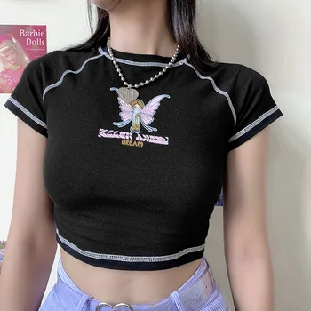 Top Femei t-shirt de vară fluture litere de culoare solidă cu mânecă scurtă sus harajukuv gât rotund print decupate femeie tricouri 39