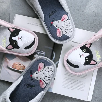 De primăvară de Toamnă Femei din Bumbac Papuci de Animale Desene animate Drăguț Mouse-ul Cat Doamnelor Plat Dormitor Pantofi Non-alunecare de Cupluri Slide-uri de sex Feminin