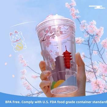Sakura BPA Gratuit Pahare de Plastic Cu Capace Și Paie Sticla de Apa pentru Băut Cana de Cafea de Suc de Lapte paie cupa Ascunse Paie Gheață Cupa