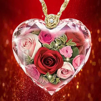 Noi Inima de Cristal Pandantiv Colier de Flori cu rafinat romantic aur de 18 karate flori de trandafir medalion cu diamante