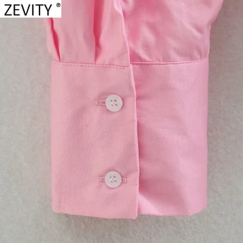 Zevity Noi, Femeile, pur și Simplu, Singur cu Pieptul Poplin Shirt Pink Lady Maneca Lunga Afaceri Bluza Roupas Chic Blusas Topuri LS9288