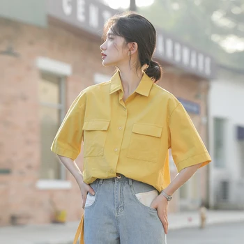 Nouă primăvară Epocă Tricou galben de sex feminin Supradimensionat Topuri Femei maneca scurta Fete Bluza de Vara Noi de Bluze pentru Femei femme Blusas