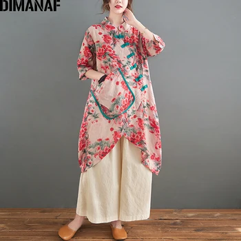 DIMANAF Supradimensionat Femei Bluza Tricouri de Vară Stil Chinezesc Doamna Eleganta Topuri Tunica imprimeu Floral Lenjerie de pat din Bumbac Haine Largi 2021
