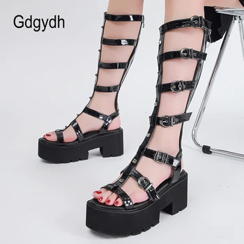 Gdgydh Sandale Gladiator Femei Negru Confortabil De Mers Pe Tocuri Indesata Stil Gotic Sandale Cu Platforma Femei Pantofi De Vara Din Piele De Brevet