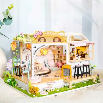 DIY din Lemn Kituri de Păpuși în Miniatură, Cu Mobilier Drăguț Pisici Cafea Gradina Casa de Păpuși Asamblat Jucarii pentru Fete Xmas Cadouri