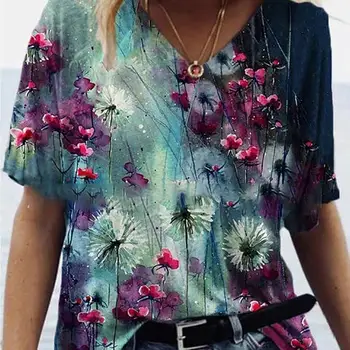 Topuri Vara Doamnelor T-Shirt Noua Moda de Imprimare de Flori de Îmbrăcăminte pentru Femei Casual V-Gât de sex Feminin Scurt, Moale, Elegant, de Top