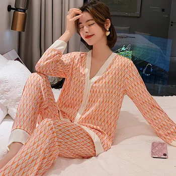 2021 Primăvară Două Femei-o bucată de Satin Pijamale Pijamale Set V-neck Top si pantaloni Doamnelor Homewear