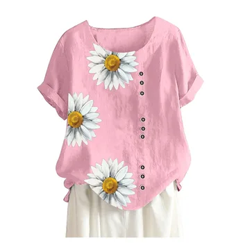 Daisy Print Floral Moda Casual femei Libere bluze O gatului Maneci Scurte Butonul Lenjerie de pat din Bumbac tricou de Vara Plus Dimensiune Topuri 3