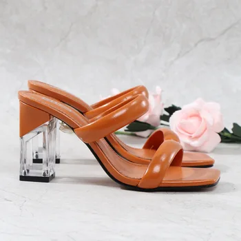 Vara Femei Sandale Transparente, Tocuri Deget de la picior Pătrat Solid de Culoare Moda Sandale cu toc Înalt din Piele Concis pantofi Sandale 2021
